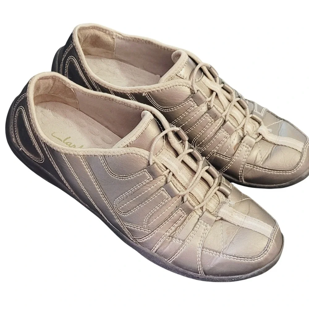 Clarks Privo IVO Silver Metallic Leather Comfort Lace Up Casual‎ Sneakers 7 Walk